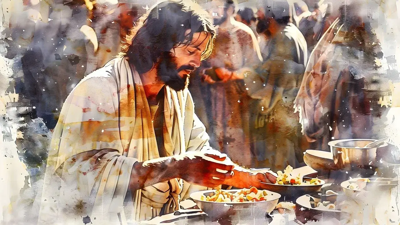 Jezus rozdziela pokarm, jak w psalm 5. Woda i światło tworzą mistyczną atmosferę wokół postaci i zgromadzonych ludzi.