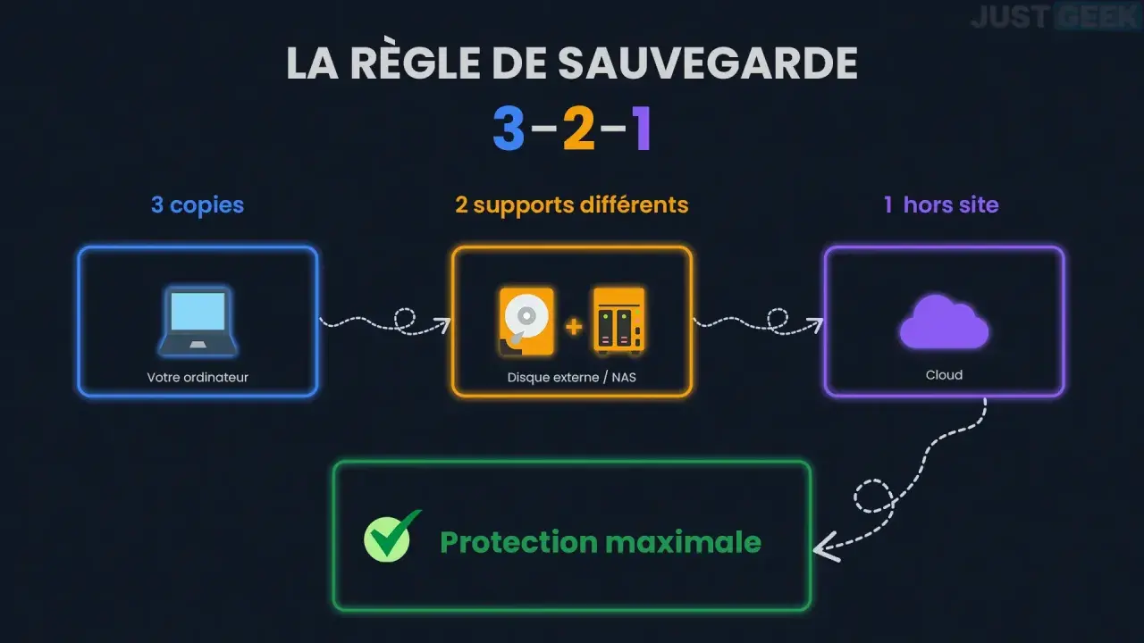 La règle de sauvegarde 3-2-1 : 3 copies sur 2 supports différents (ordinateur, disque externe/NAS) et 1 hors site (Cloud) pour une solution stockage optimale.