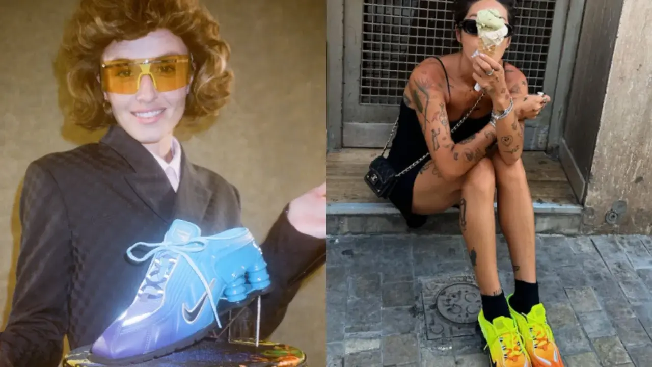 Dwie stylizacje z butami Nike. Po lewej modelka w niebieskich, futurystycznych butach, po prawej osoba w neonowych, pomarańczowo-żółtych. Czy to najbrzydsze buty Nike?