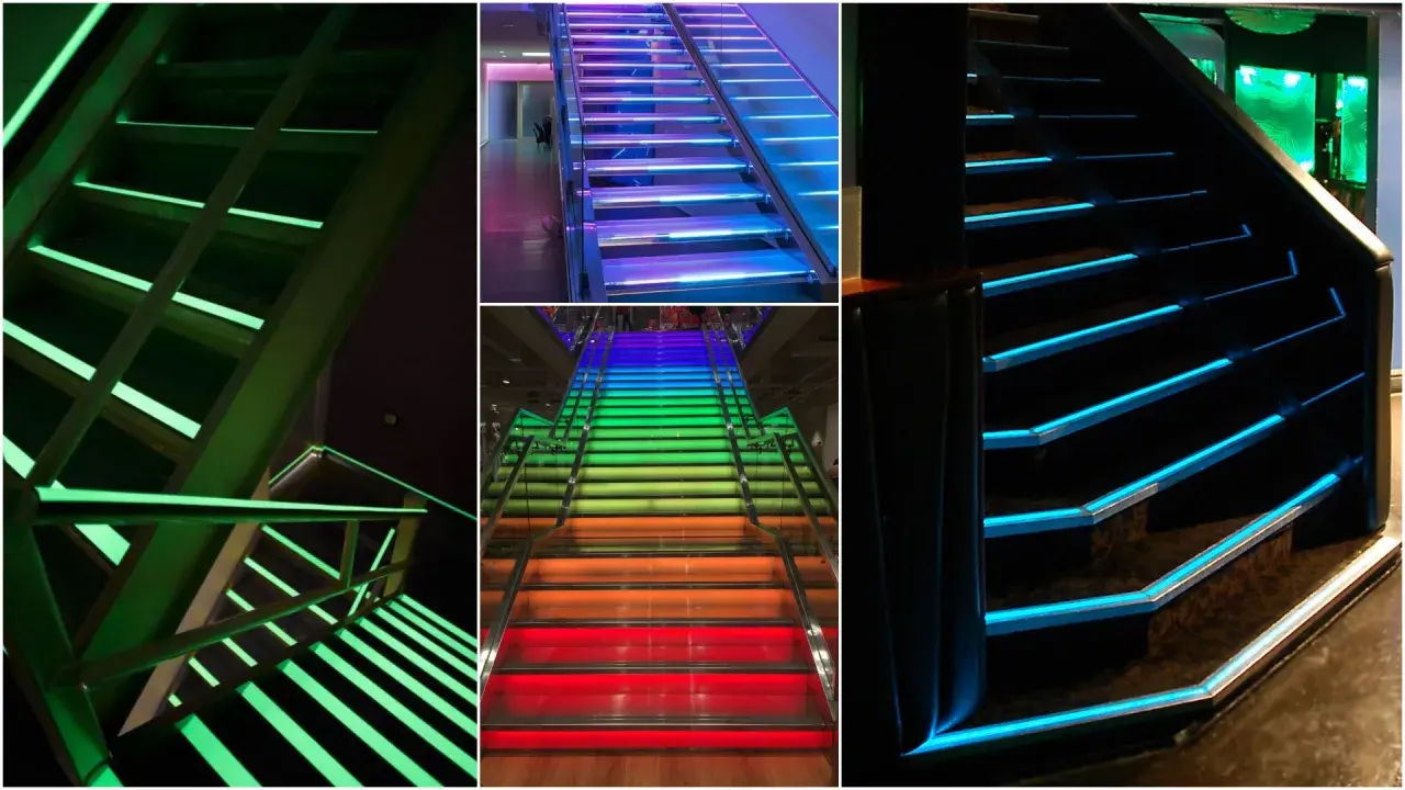 Schody z zielonym, tęczowym i niebieskim podświetleniem pokazują różnicę między RGB a RGBW w oświetleniu.