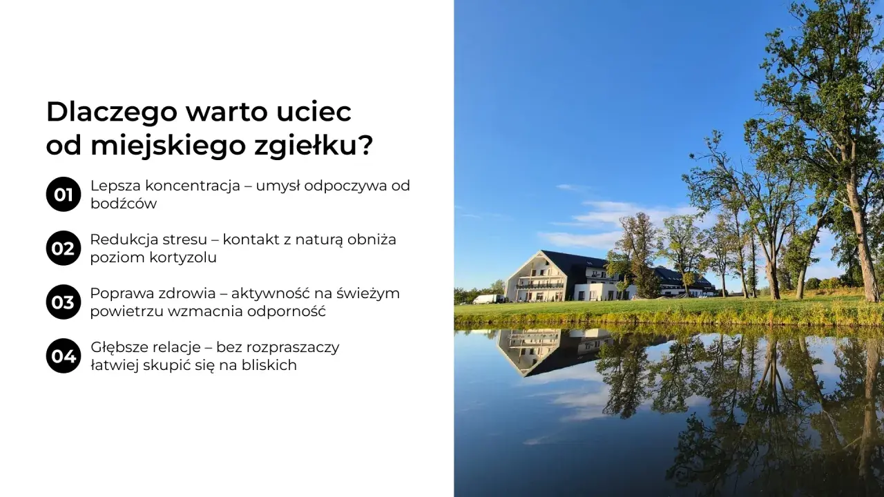 Sielankowa kraina z jeziorem i budynkiem hotelowym. Ucieczka od zgiełku miasta dla lepszej koncentracji i redukcji stresu.