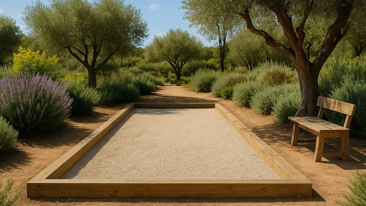 Terrain de pétanque en gravier, bordé de bois, sous des oliviers. La réglementation du jeu est respectée pour ce lieu paisible.