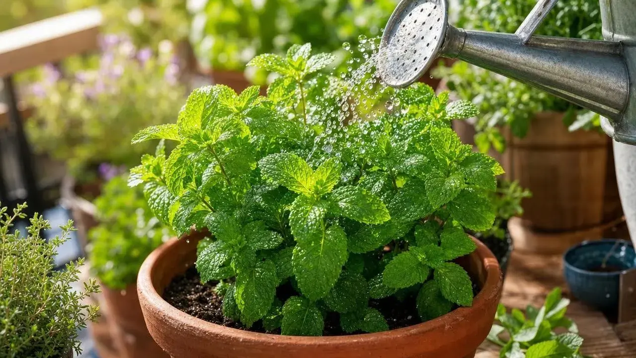 Arrosage d'une menthe en pot sur un balcon ensoleillé. L'eau tombe en fines gouttelettes sur les feuilles vertes et luxuriantes.