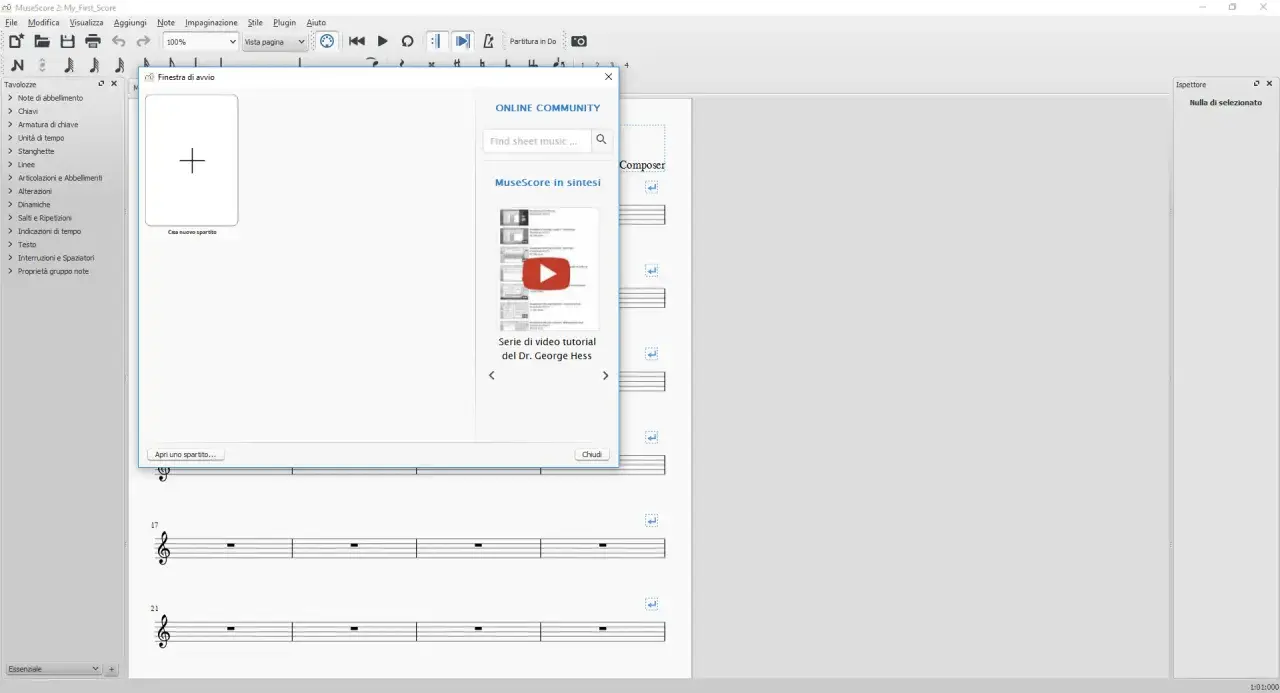 Finestra di avvio per creare spartito online. Include opzioni per trovare musica e tutorial.