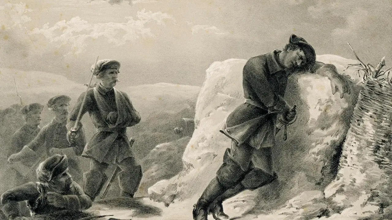 Soldater i snölandskap. En man vilar mot en sten, kanske en bild av hur dog Karl XII.