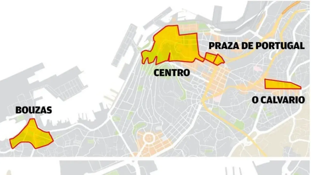 Mapa de Vigo con zonas resaltadas: Bouzas, Centro, Praza de Portugal y O Calvario. Ideal para planificar ir a Vigo en coche.