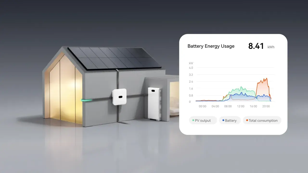 Hus med solpaneler och Huawei Luna2000 batteri. Graf visar energianvändning.