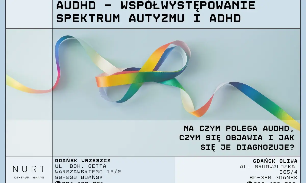 Tęczowa wstążka symbolizuje spektrum autyzmu i ADHD. Plakat informuje o współwystępowaniu tych zaburzeń.