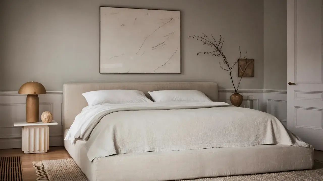 Une chambre beige apaisante avec un lit bas, une table de chevet sculpturale et une œuvre d'art abstraite.