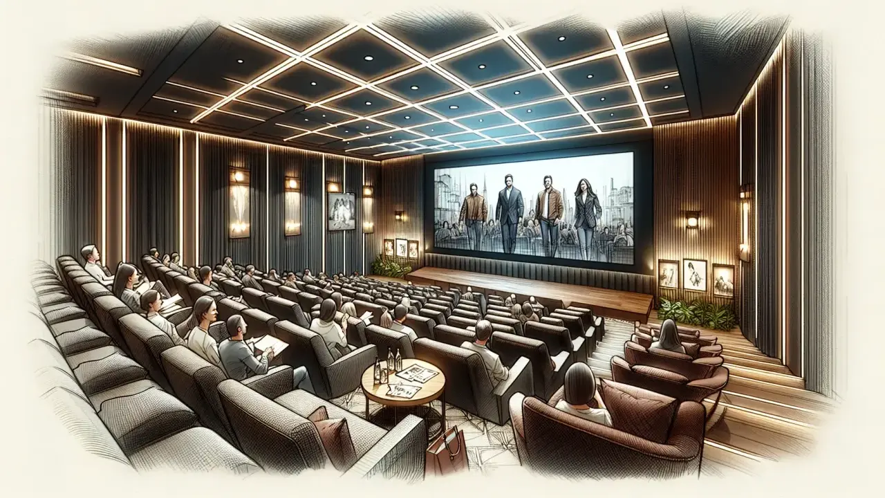 Un pubblico attento si prepara ad andare al cinema, seduto in comode poltrone davanti a un grande schermo che proietta un film.
