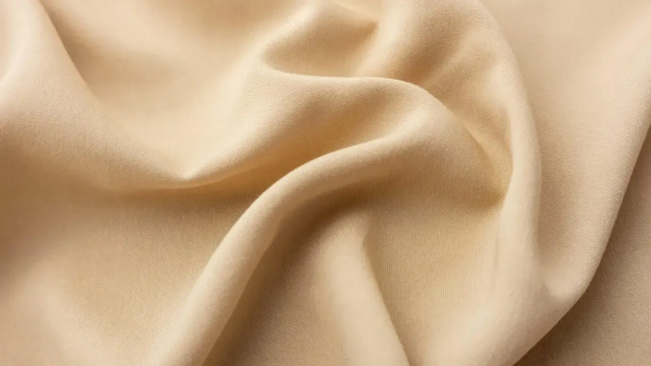 A close-up of draped beige viscose fabric. It feels smooth and cool, like silk, with a subtle sheen.