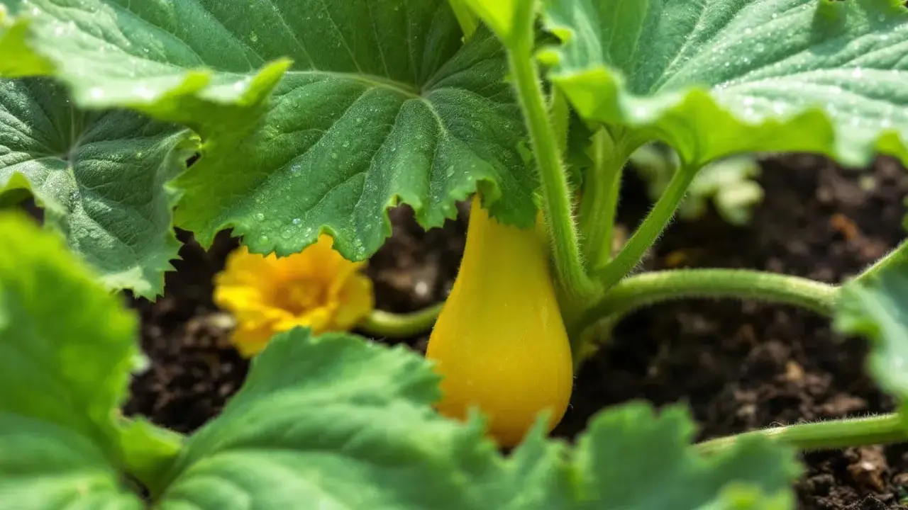 Un jeune courge butternut jaune, encore petit, se cache sous de grandes feuilles vertes. L'arrosage butternut est essentiel pour sa croissance.
