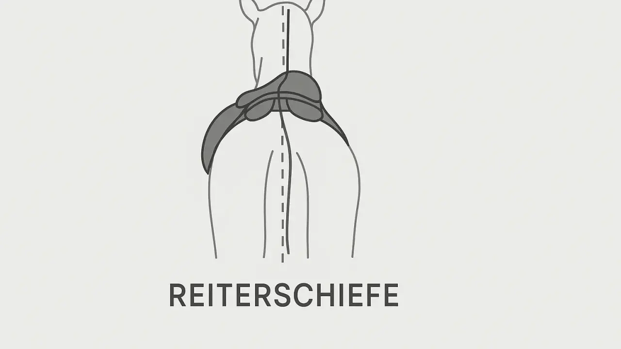 Illustration zeigt ein Pferd von hinten, bei dem der Sattel nach hinten rutscht. Dies wird als "Reitersschiefe" bezeichnet.