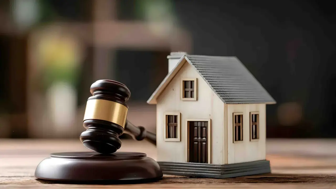 Marteau de juge et maison miniature, symbolisant une décision de justice immobilière. Respecter le loi scrivener délai est crucial.