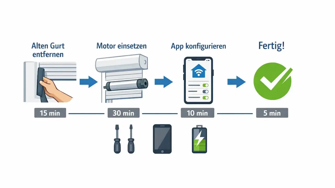 Schritt-für-Schritt-Anleitung, wie Sie Ihren Rolladen smart machen: Alten Gurt entfernen, Motor einsetzen, App konfigurieren. Fertig!