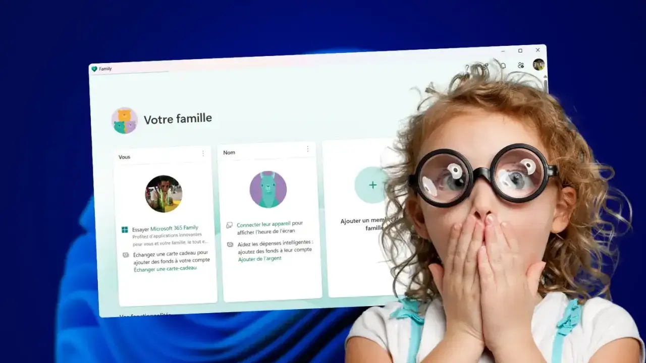 Une fillette surprise devant l'écran d'un PC affichant la gestion du contrôle parental familial Microsoft.