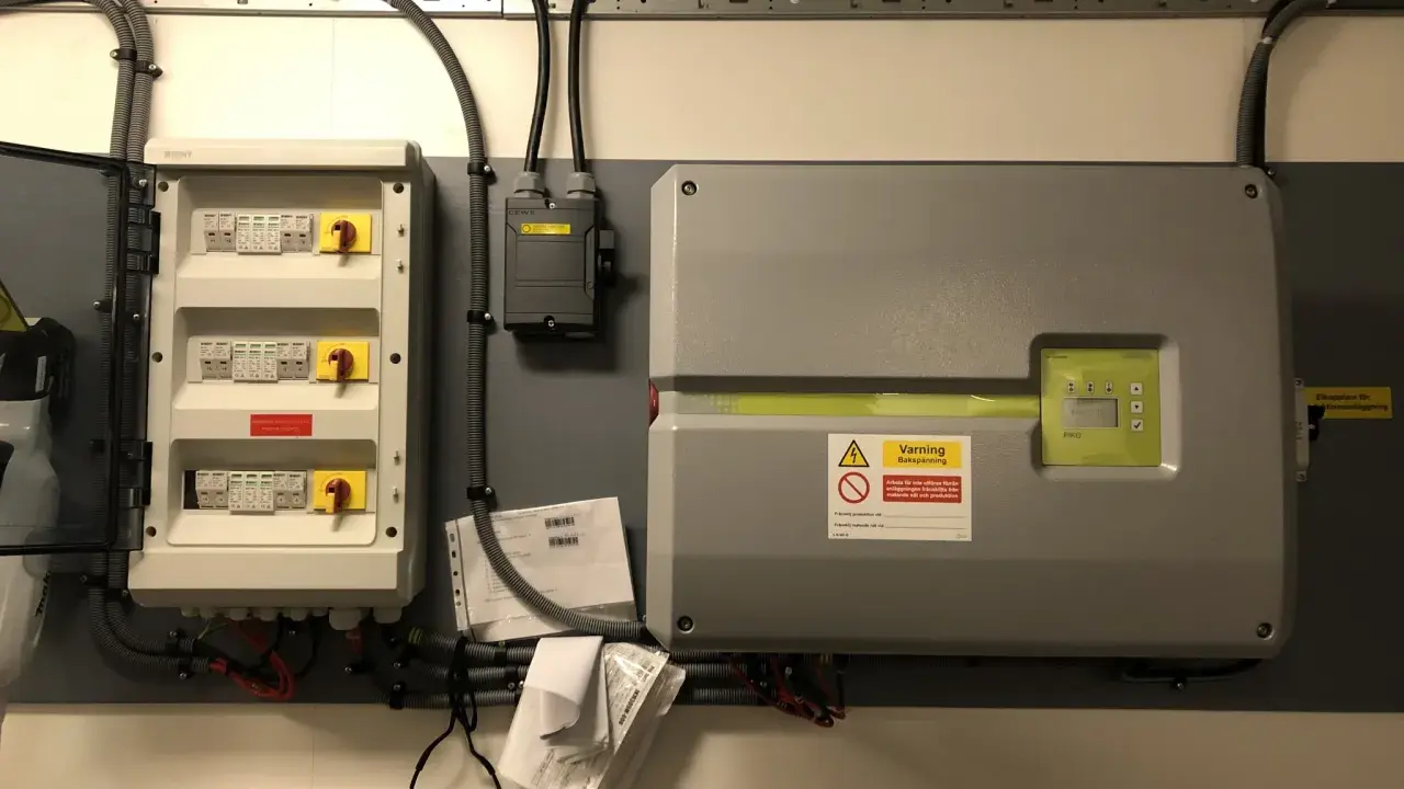 Elcentral med dc-brytare för solceller, uppfyller krav. En växelriktare och dokumentation syns också.