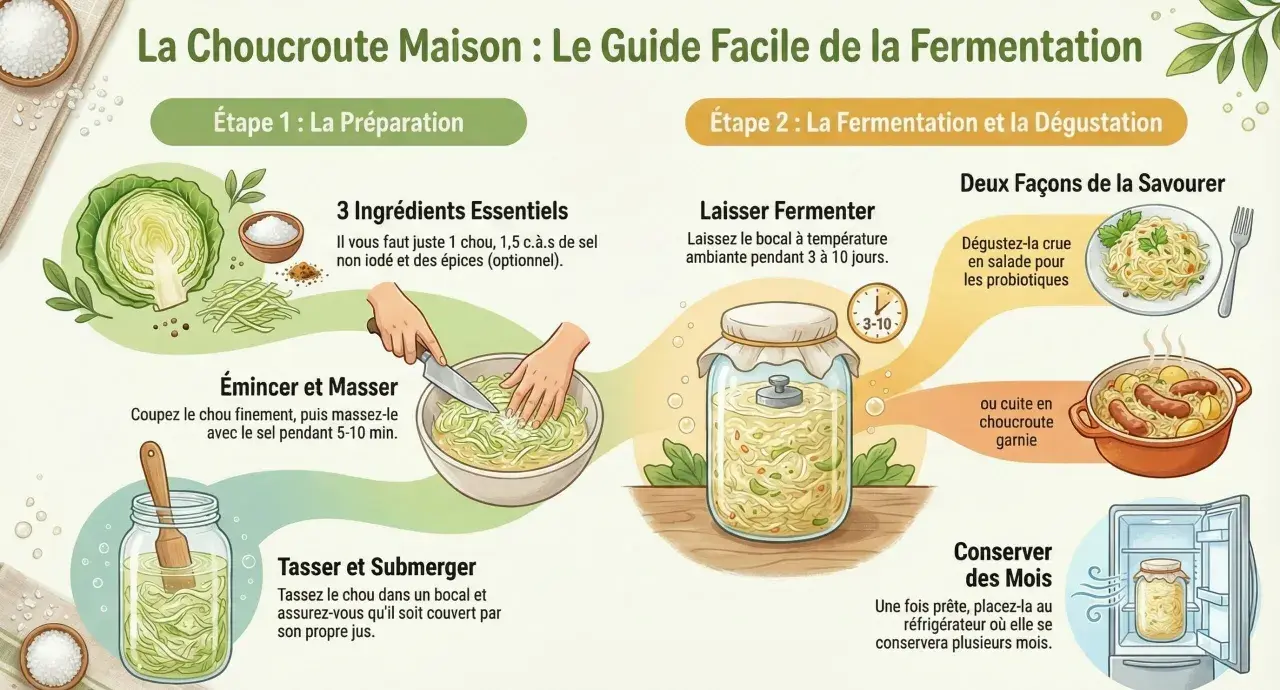Guide pour faire la choucroute maison : préparation, fermentation et dégustation. Apprenez ce qu'est la choucroute et comment la préparer facilement.