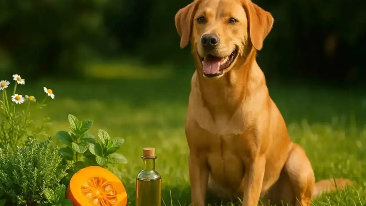 Labrador joyeux à côté d'une courge, d'herbes et d'une huile, suggérant un vermifuge chien naturel.