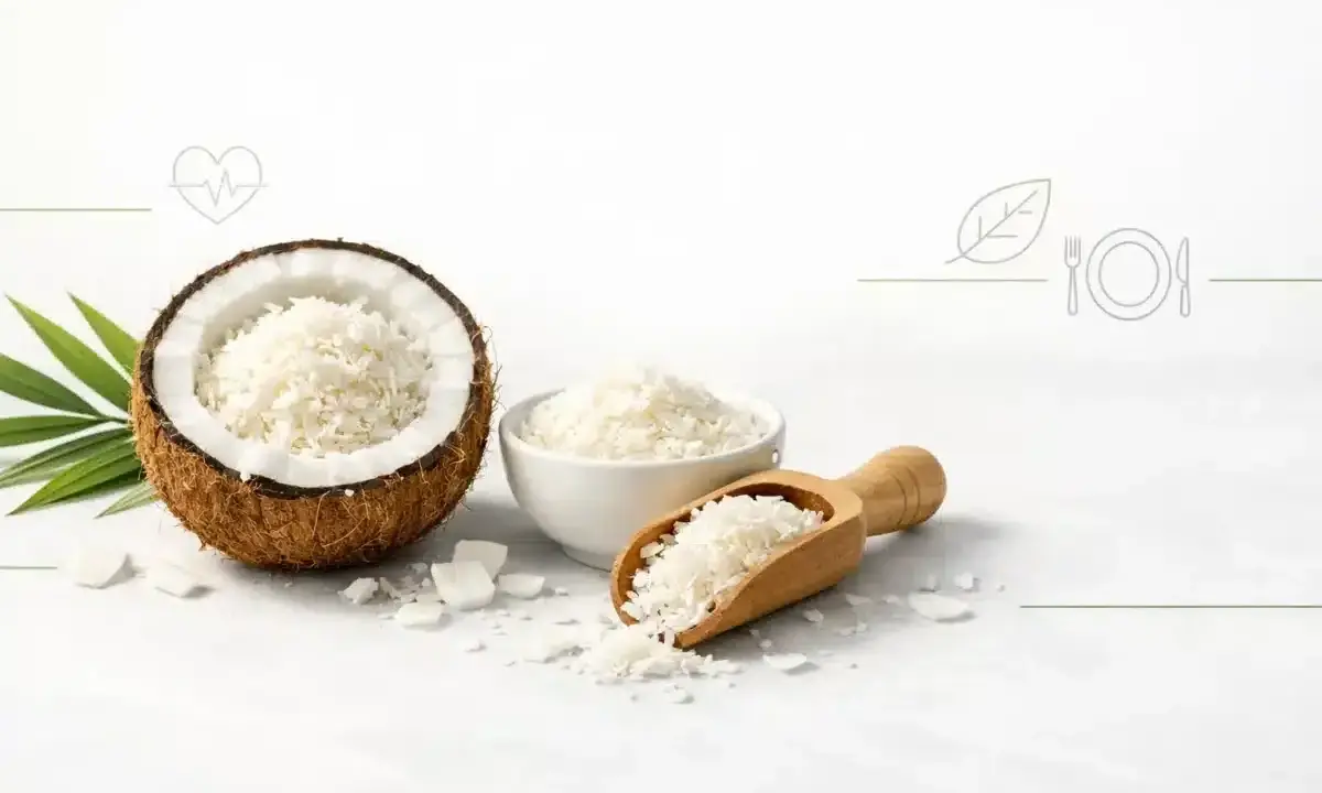Połówka kokosa z wiórkami, miseczka i łopatka pełna wiórków. Czy wiórki kokosowe są zdrowe? Tak, to naturalny produkt.