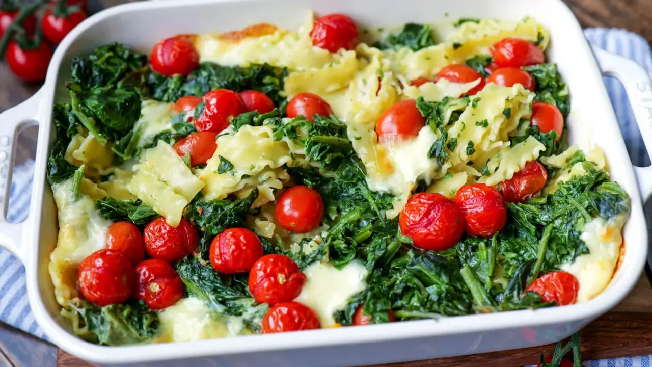 Herzhaftes One Pot Pasta Gericht aus dem Ofen mit Spinat, Kirschtomaten und geschmolzenem Käse.