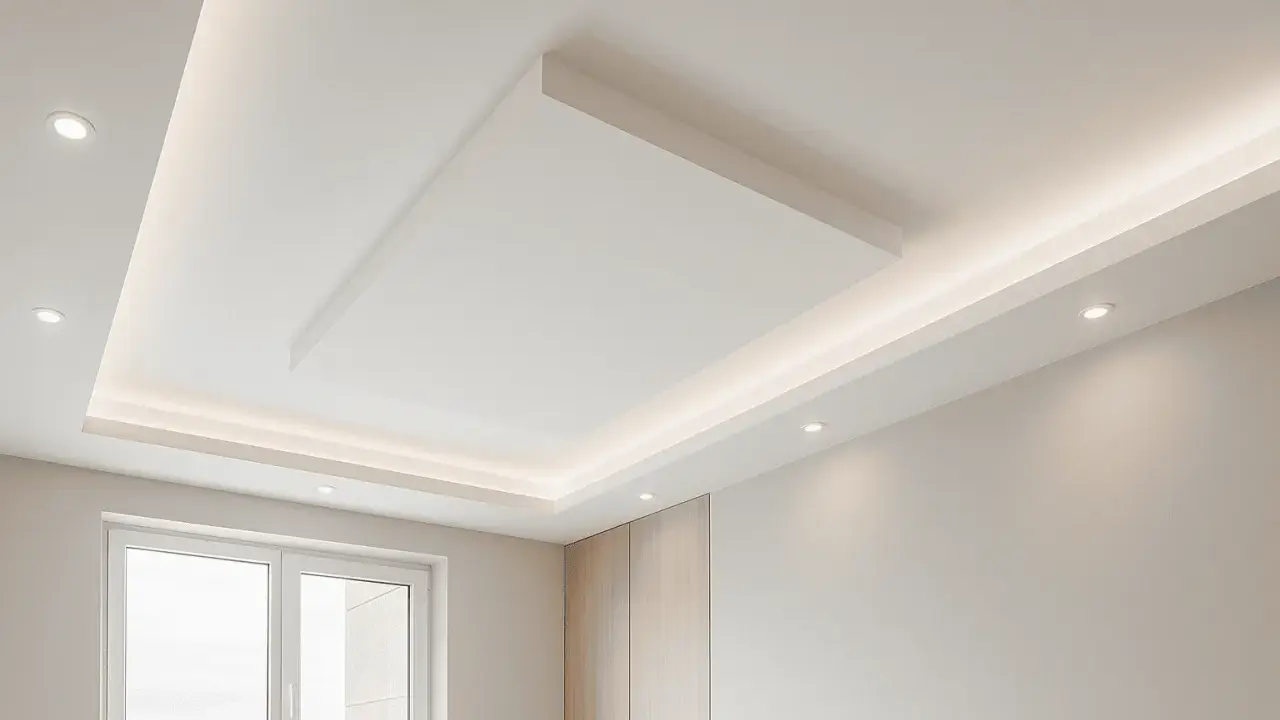 Soffitto moderno in cartongesso con illuminazione a led integrata, un'idea di design per il soggiorno.