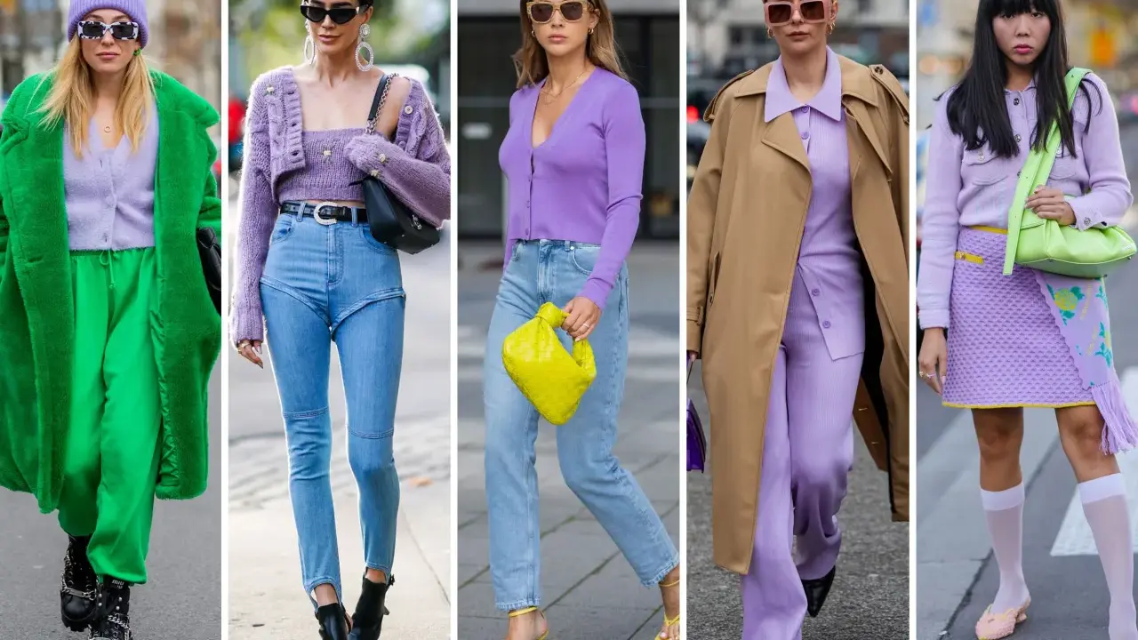 Cinque donne sfoggiano look con abbinamento lilla e blu, tra cui jeans chiari, maglioncini e cappotti colorati.
