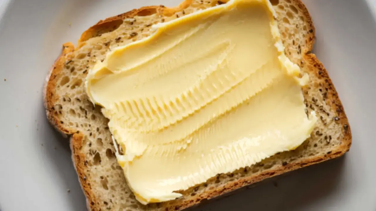 Eine Scheibe Brot mit einer dicken Schicht Butteralternative, die gut für die Cholesterinwerte ist.