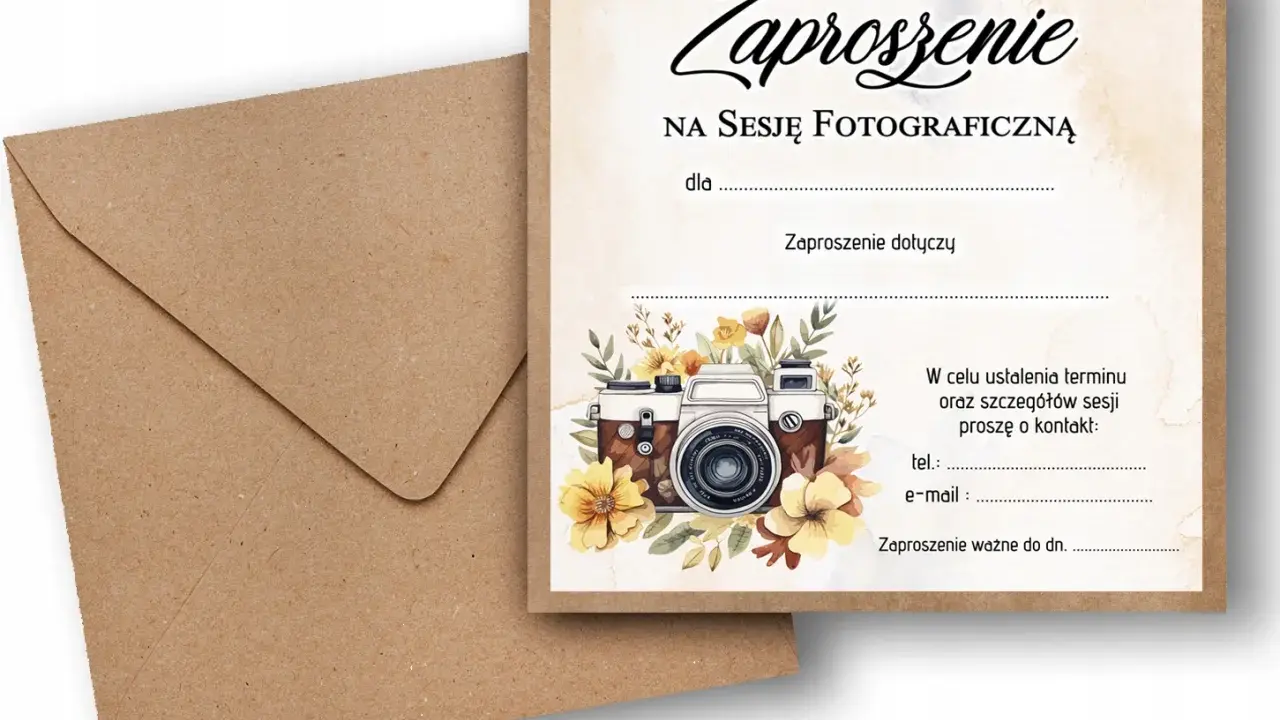 Zaproszenie na sesję fotograficzną z motywem aparatu i kwiatów. Tekst zaproszenia zawiera pola do uzupełnienia danych.