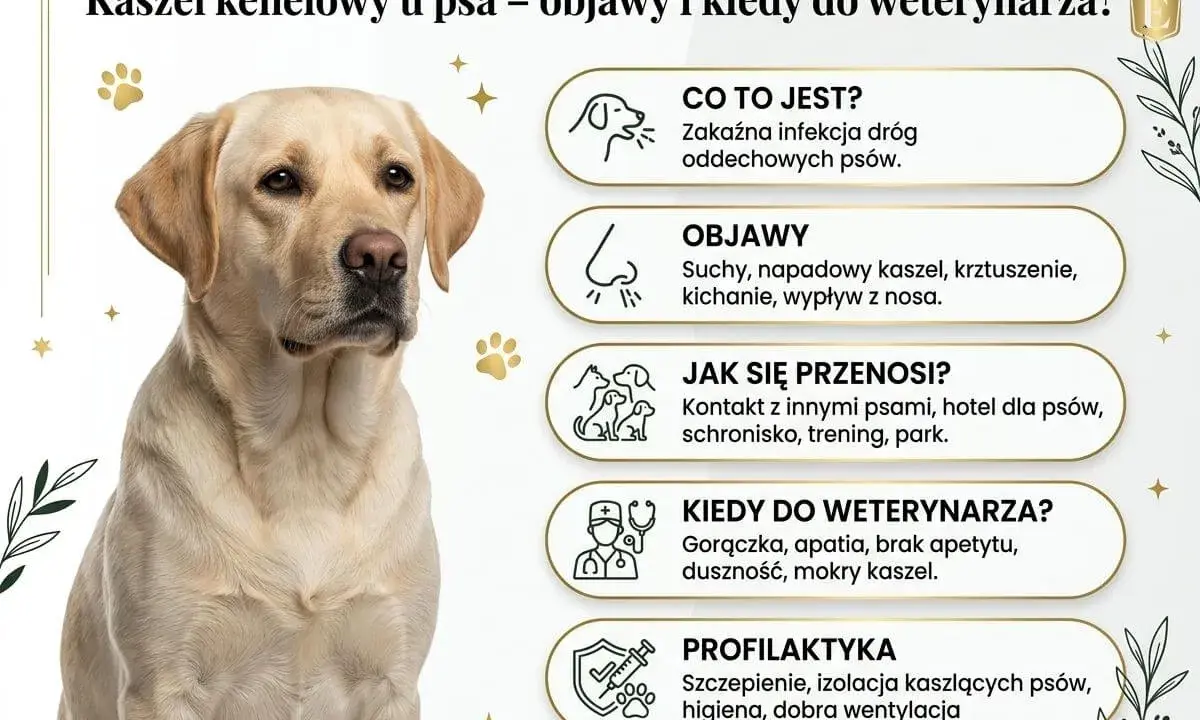 Labrador z objawami kaszlu kenelowego u psa: suchy kaszel, kichanie, wypływ z nosa. Informacje o chorobie i profilaktyce.