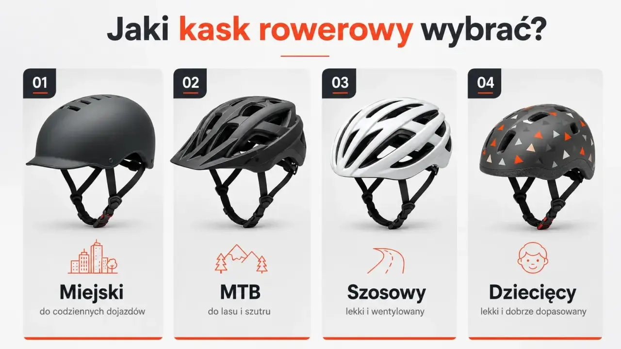 Jaki kask rowerowy wybrać? Cztery modele: miejski, MTB do lasu, szosowy lekki i wentylowany, oraz dziecięcy.