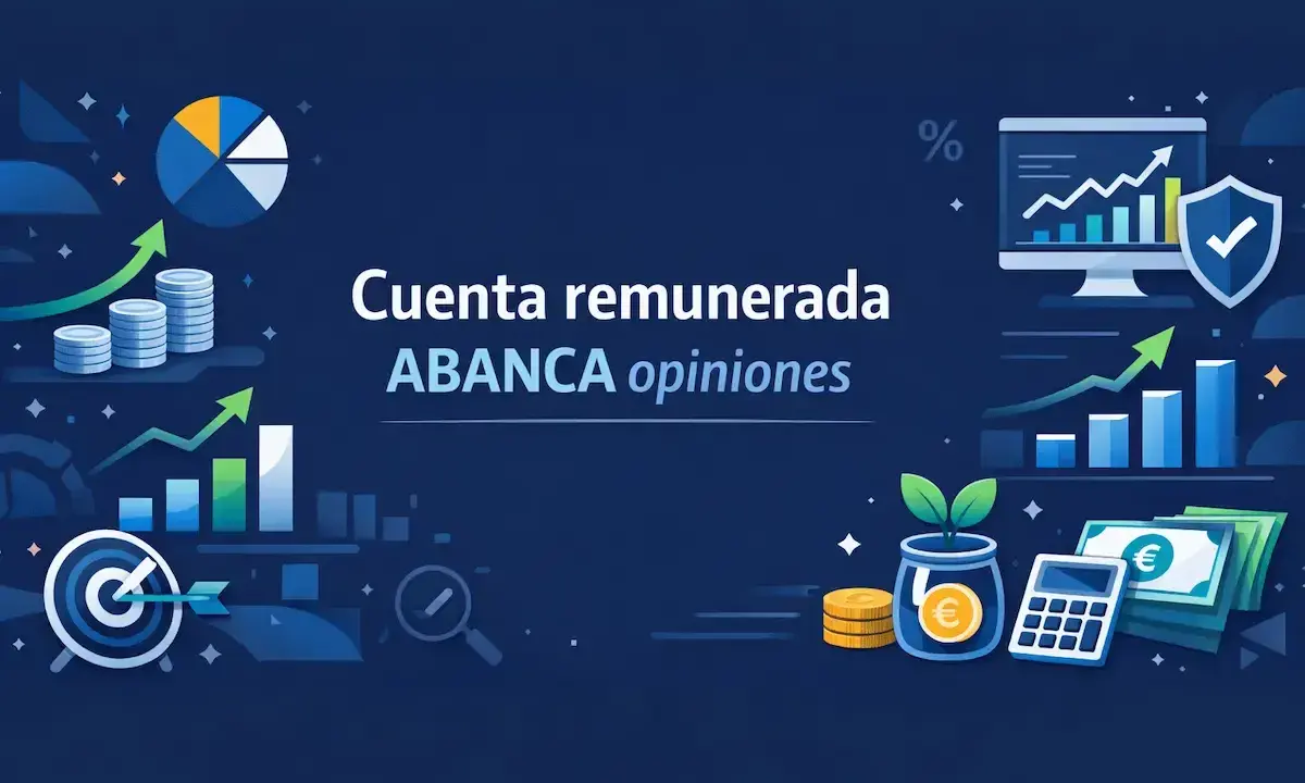 Gráficos de crecimiento financiero, monedas y una calculadora, con el texto "Cuenta remunerada ABANCA opiniones".
