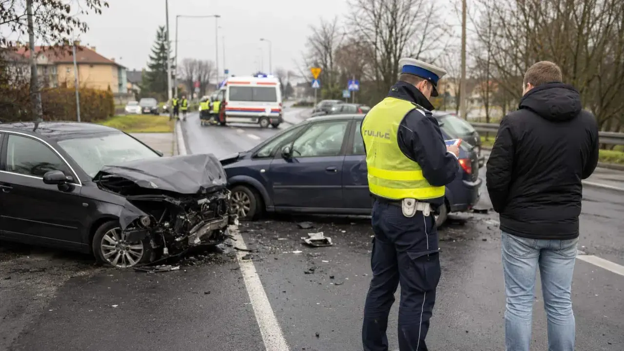 Policjant spisuje sprawcę wypadku. Zniszczone auta i karetka na sygnale świadczą o tym, że doszło do tragedii, być może przez jazdę pod wpływem.