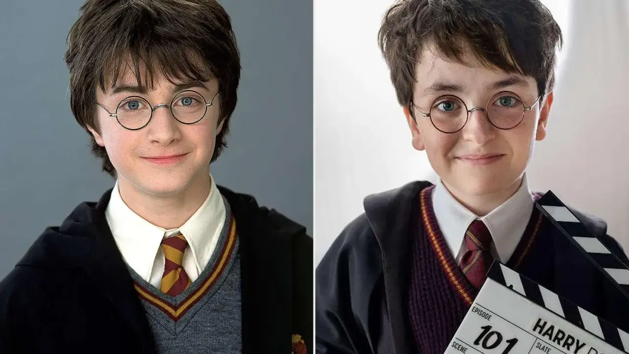 Daniel Radcliffe som ung Harry Potter, först i närbild och sedan med en filmklappa.