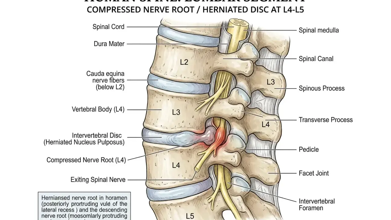Detail der Lendenwirbelsäulen-L4-L5-Region mit Bandscheibenvorfall, der eine Nervenwurzel komprimiert. Anatomie der Lende.
