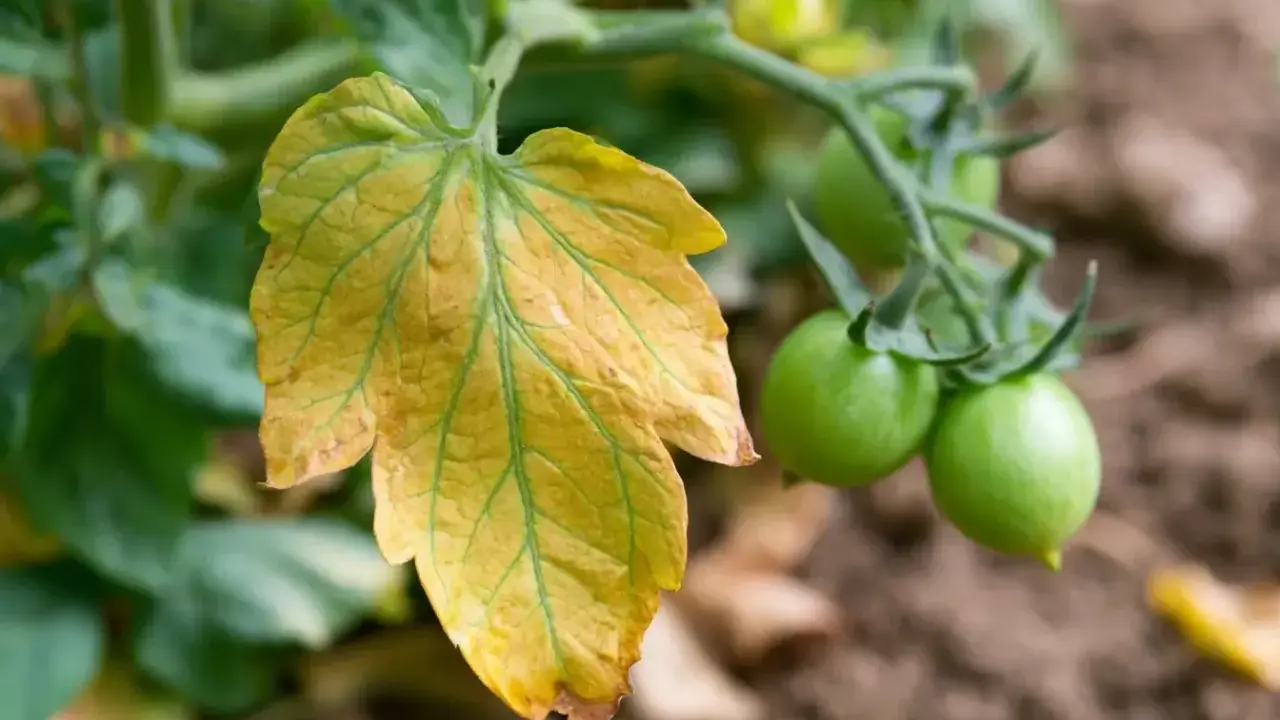 Une feuille tomate jaune, signe de détresse, contraste avec les jeunes tomates vertes sur la plante.