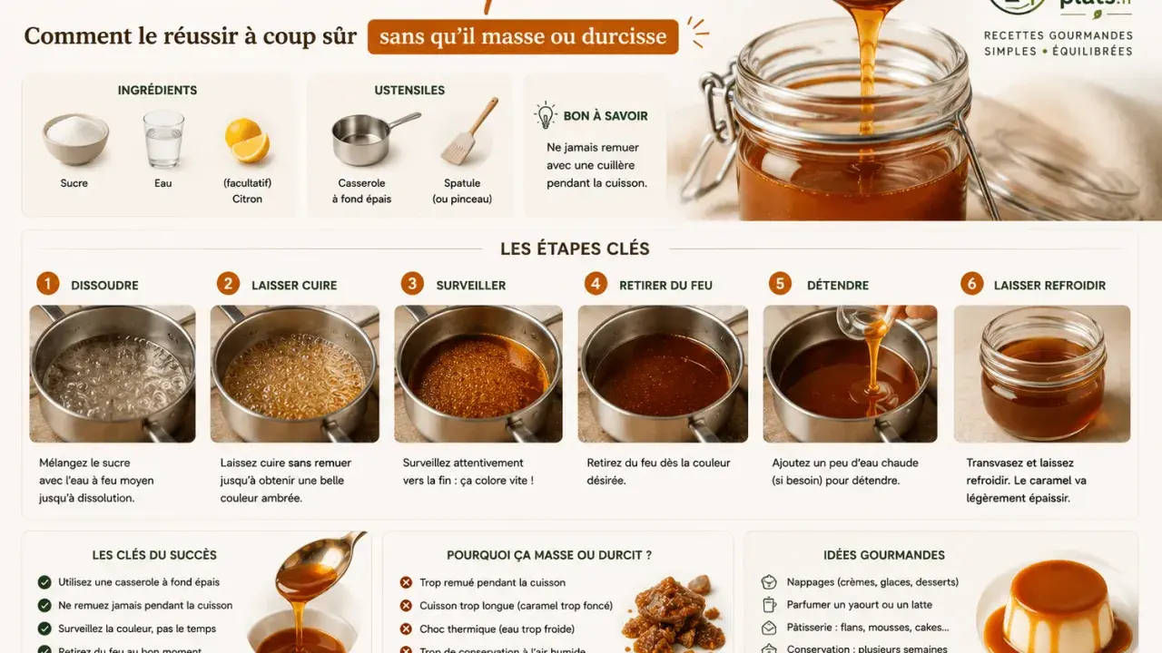 Guide pour réussir un caramel liquide maison, de la dissolution à la dégustation. Les étapes clés pour un caramel parfait.