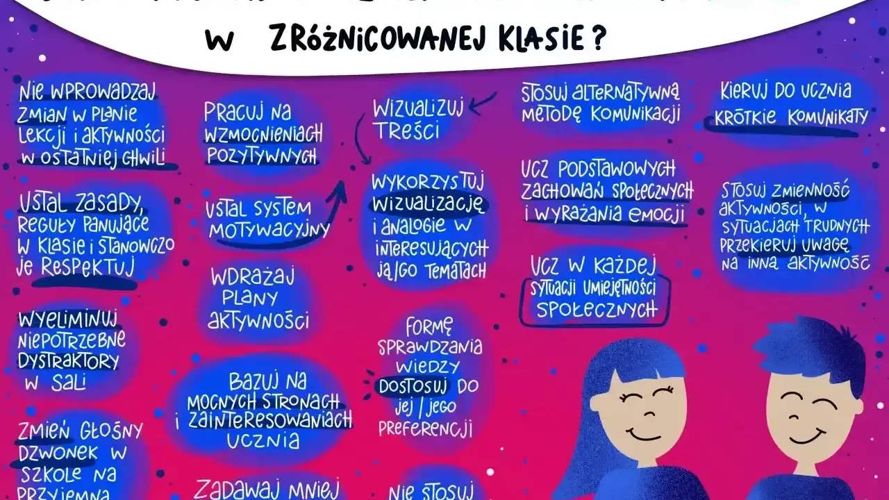 Jak pracować z uczniem ze spektrum autyzmu? Wskazówki dla nauczycieli, np. stosuj wizualizacje, wzmocnienia pozytywne, nie używaj metafor.