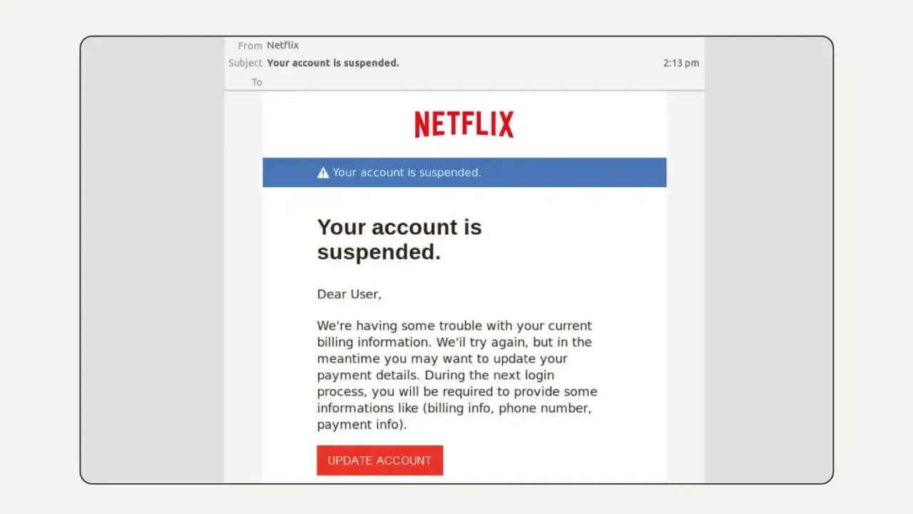 Vorsicht vor diesem Netflix-E-Mail-Betrug! Es handelt sich um **email spoofing**, das versucht, Ihre Zahlungsdaten zu stehlen.