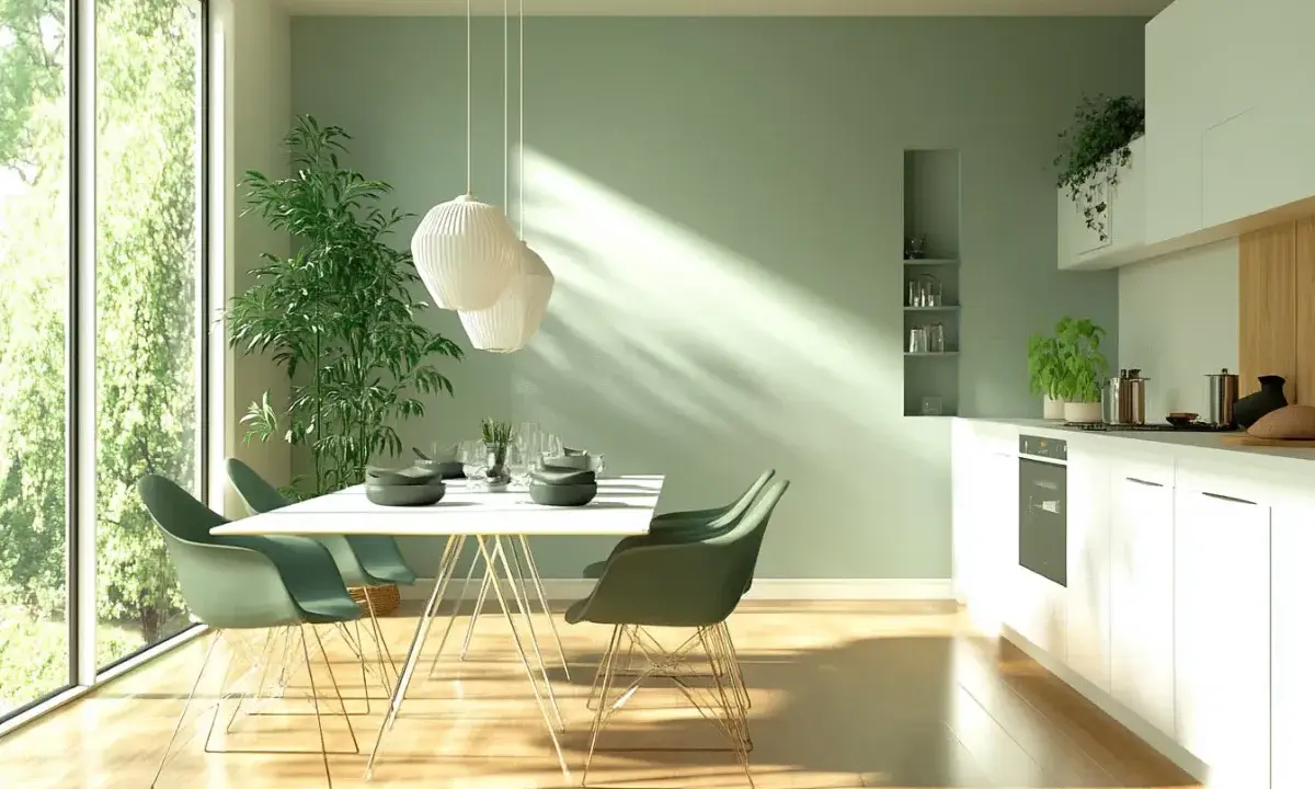 Salle à manger lumineuse avec un mur vert sauge, une grande fenêtre donnant sur la verdure, une table dressée et une cuisine moderne.