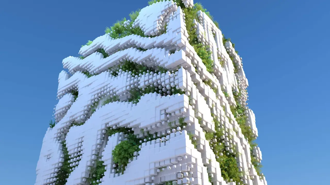 Edifici ecosostenibili con facciate a blocchi bianchi e vegetazione rigogliosa che si intreccia, sotto un cielo azzurro.