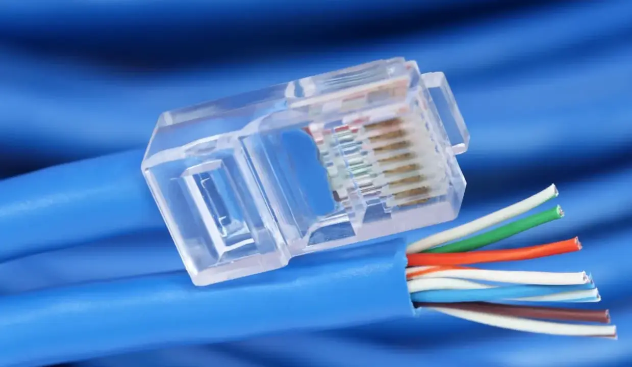 Gros plan sur un connecteur transparent de câble réseau RJ45, révélant les fils colorés prêts pour un débit de câble RJ45 optimal.