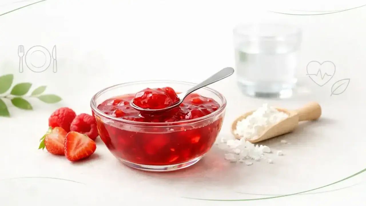 Miseczka z owocowym kisielem, łyżeczka, maliny, truskawki i skrobia. Zastanawiasz się nad kisiel kcal?