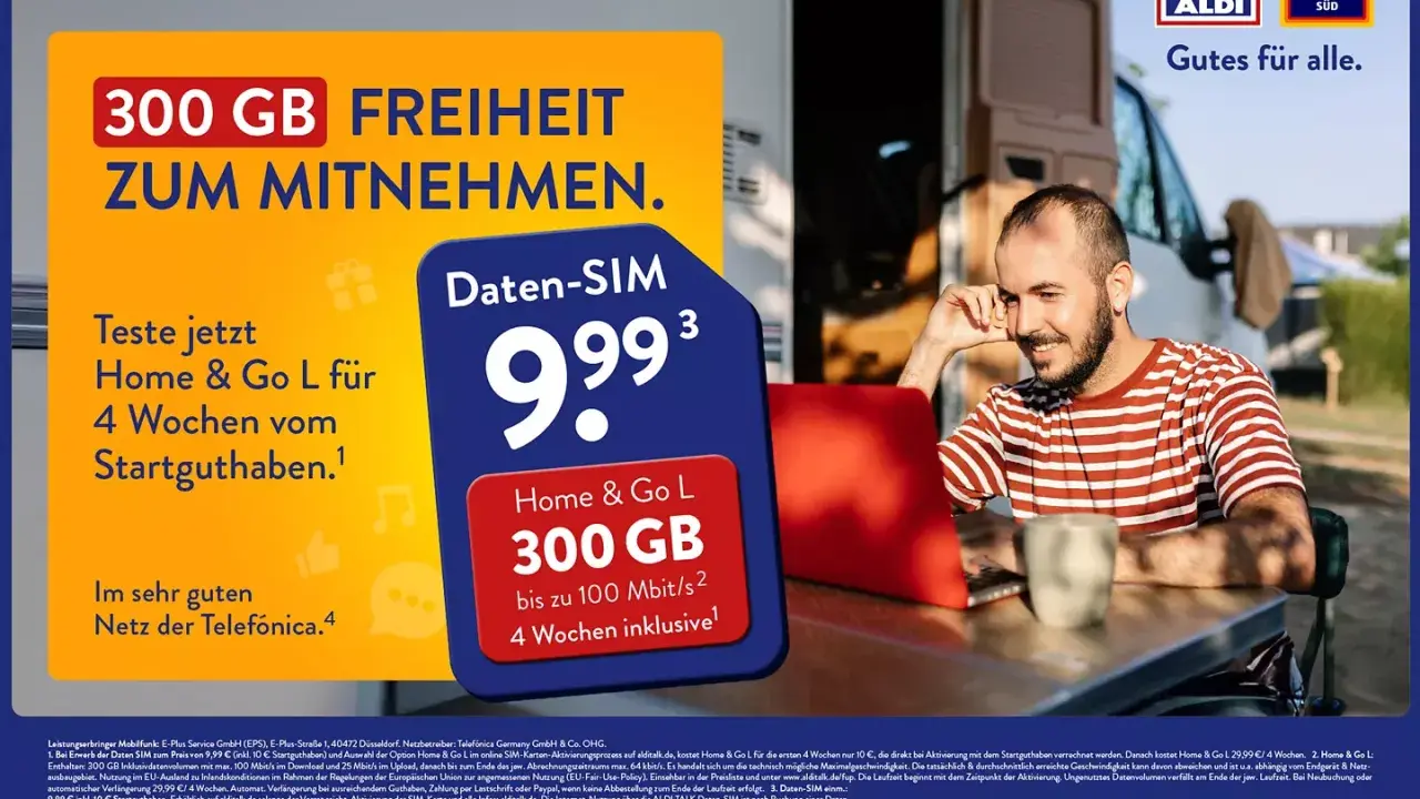 ALDI TALK Daten-SIM: 300 GB Freiheit für 4 Wochen für nur 9,99 € mit bis zu 100 Mbit/s. Gutes Netz der Telefónica.