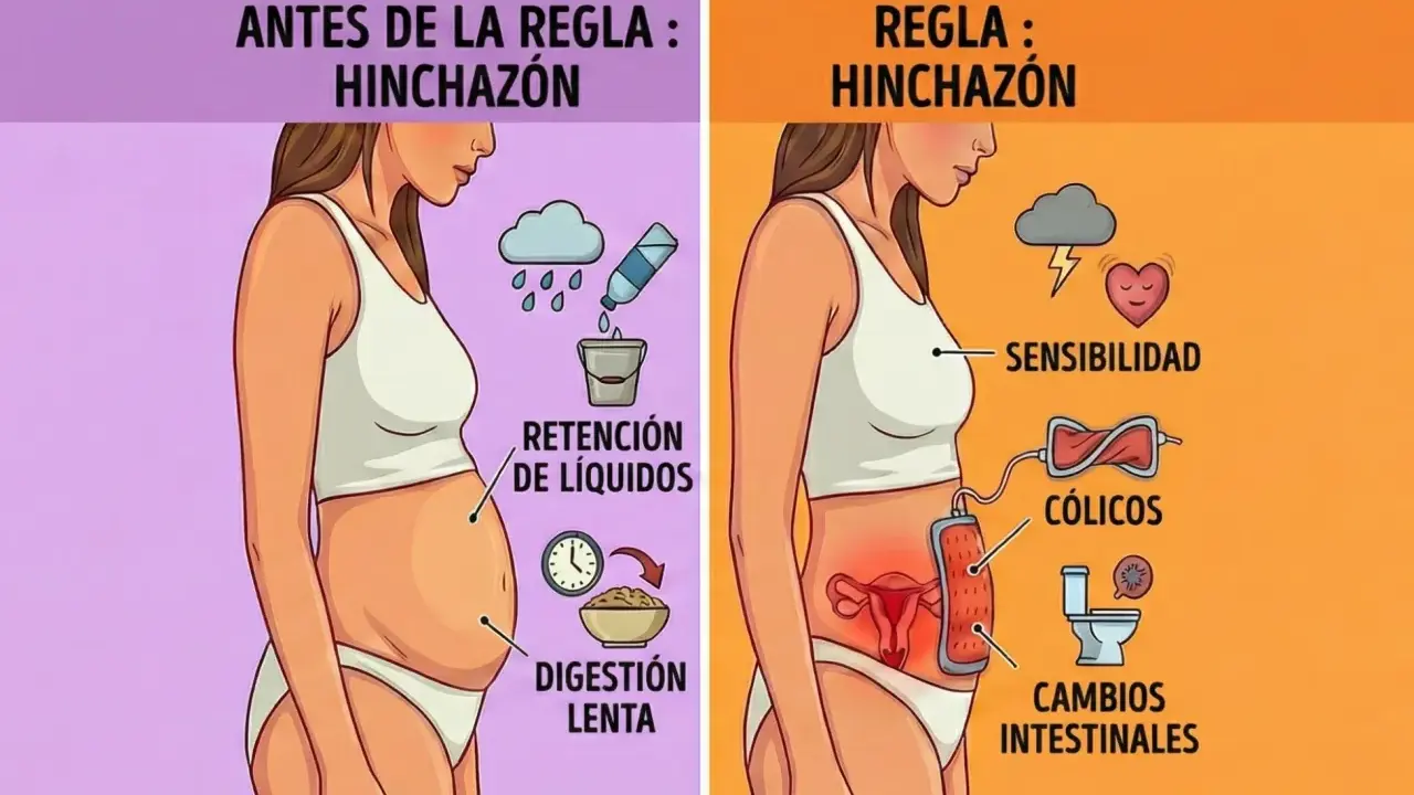 Antes de la regla, me siento hinchada por retención de líquidos y digestión lenta. Durante la regla, la hinchazón se acompaña de sensibilidad, cólicos y cambios intestinales.