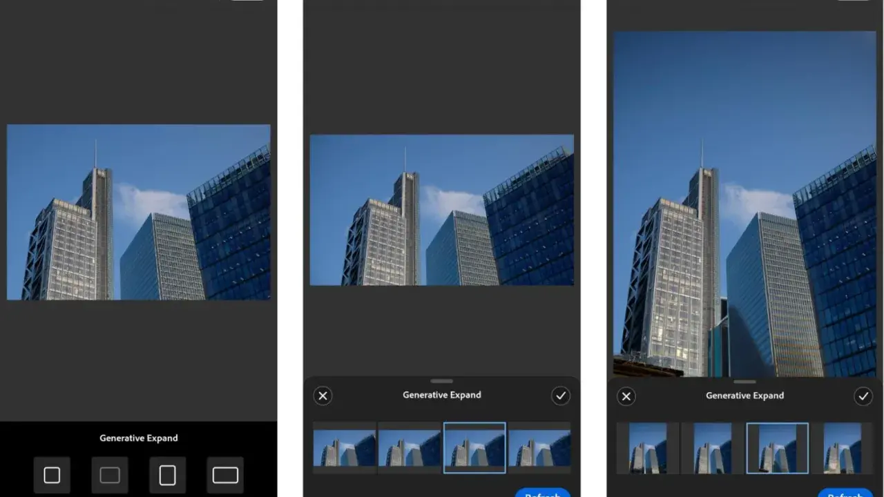 Edytor w **Lightroom web** pozwala na rozszerzenie zdjęcia budynków dzięki Generative Expand. Widzimy różne propozycje rozszerzenia kadru.
