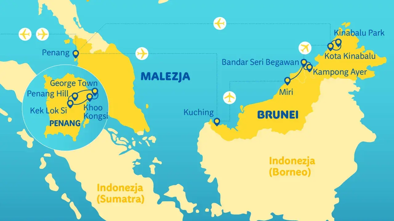 Mapa Malezji, Brunei i części Indonezji z zaznaczonymi miastami i trasami lotniczymi.