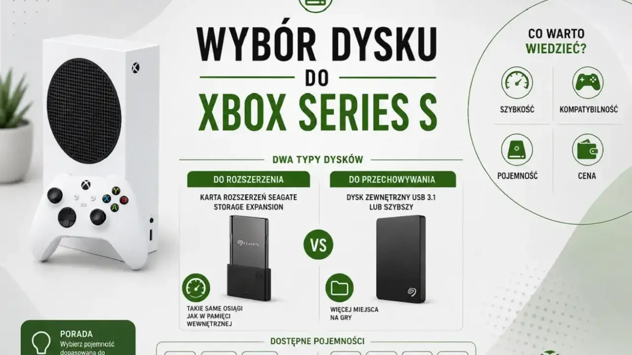 Porównanie dysków do Xbox Series S: karta rozszerzeń Seagate Storage Expansion vs dysk zewnętrzny USB 3.1. Wybierz pojemność dopasowaną do potrzeb.