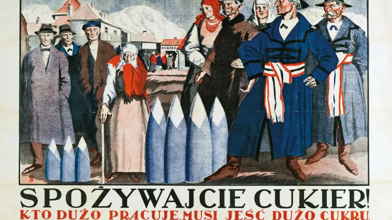 Ludzie w strojach z epoki, przed budynkiem z napisem "Cukier". Hasło "Cukier krzepi kto to powiedział" towarzyszy tej scenie.