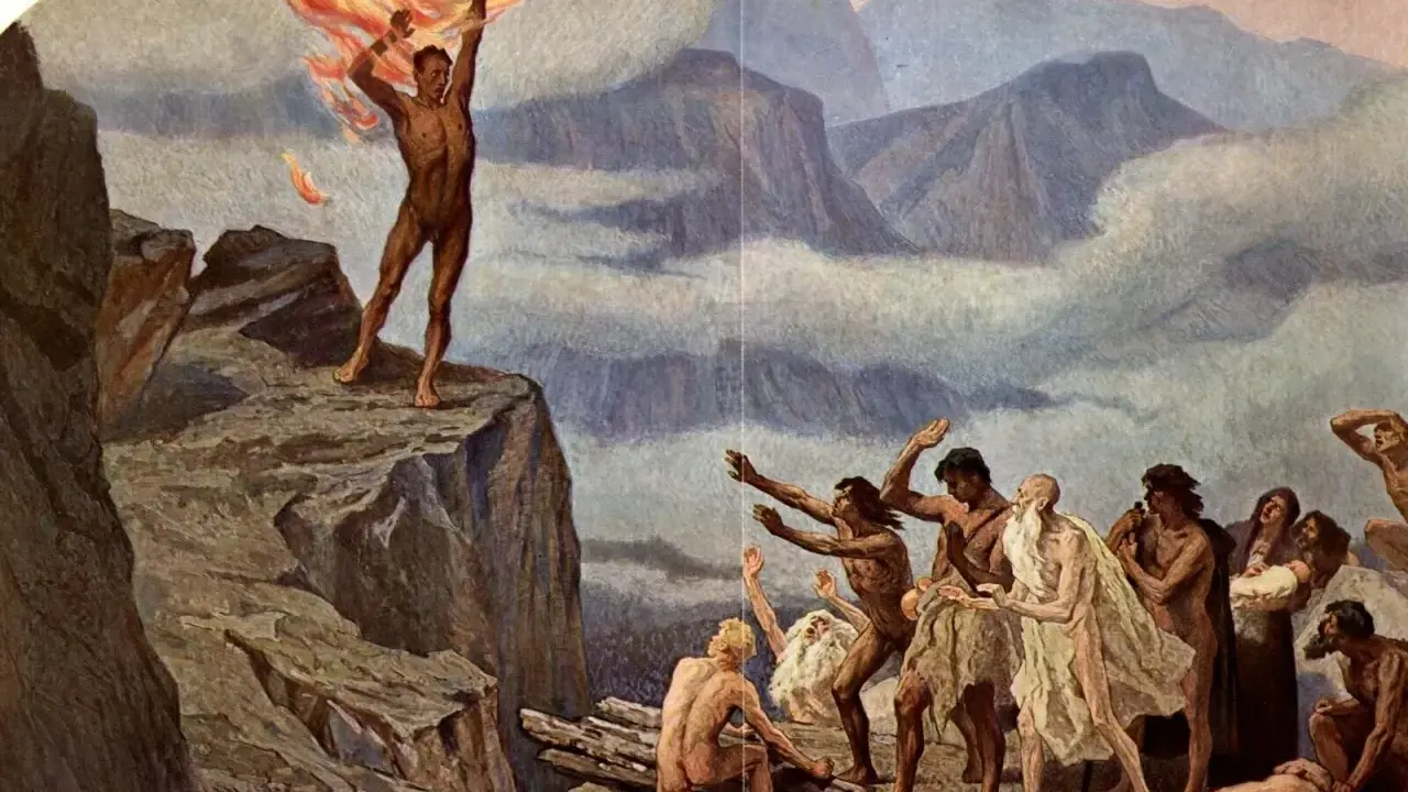 Prometheus, der Titan, bringt den Menschen das Feuer. Eine Gruppe von Menschen blickt voller Ehrfurcht auf das Geschenk, das den Prometheus-Mythos verkörpert.